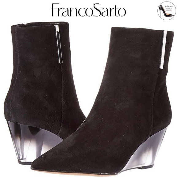 Franco Sarto Athens Black Suede Ankle Boot Pointed toe Wedge Heel Leather Bootie - Picture 1 of 16